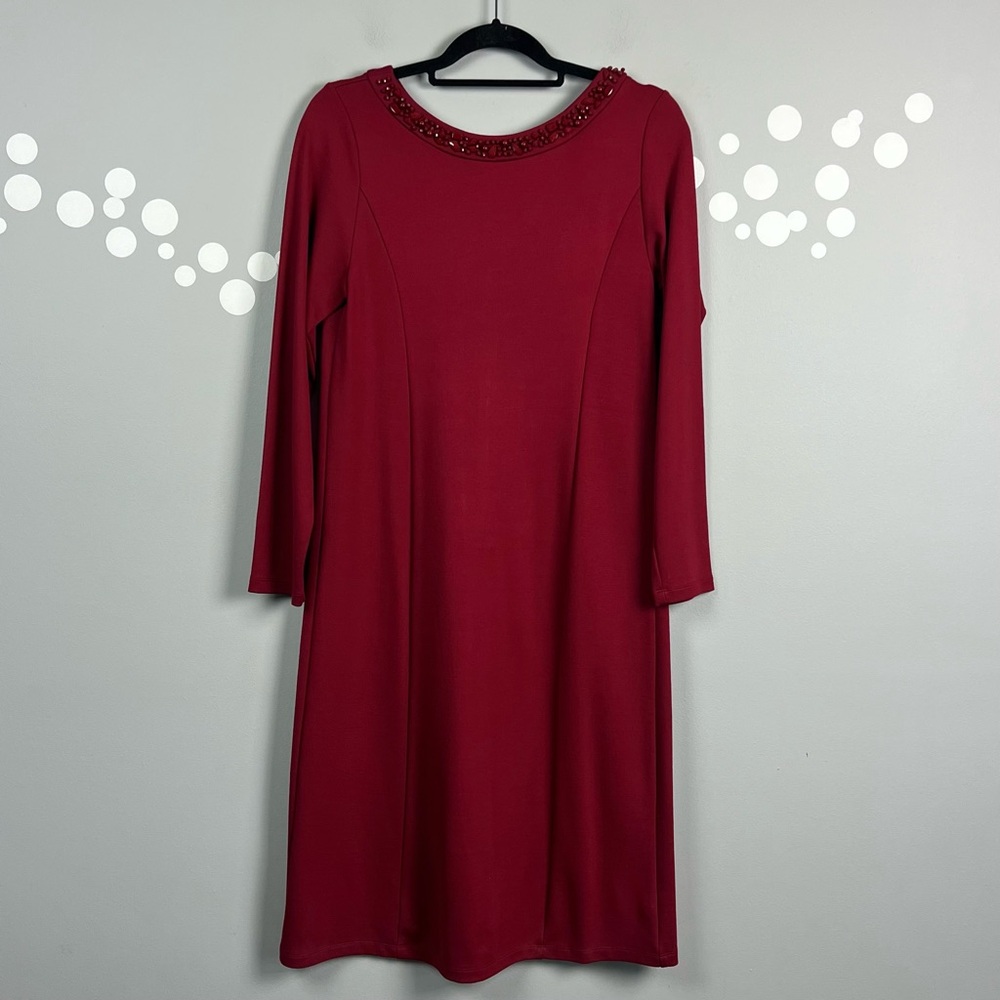 Susan Graver Artisan Red Beaded Neckline Dress Size XS Semi-Fitted Party Knit